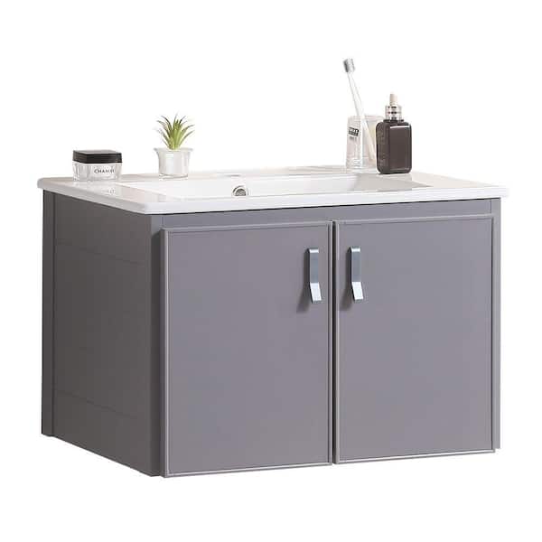 EPOWP 24 in W x 182 in D x 155 in H Single Sink Wall Mounted Float Bath Vanity in Grey with White Ceramic Top and Cabinet