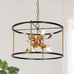 6-Light Matte Black and Plating Brass Crystal Drum Chandelier for Kitchen, Living, Dining Room with Cage Shape