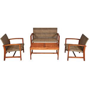 4-Piece Wood and Wicker Outdoor Loveseat Sectional Set