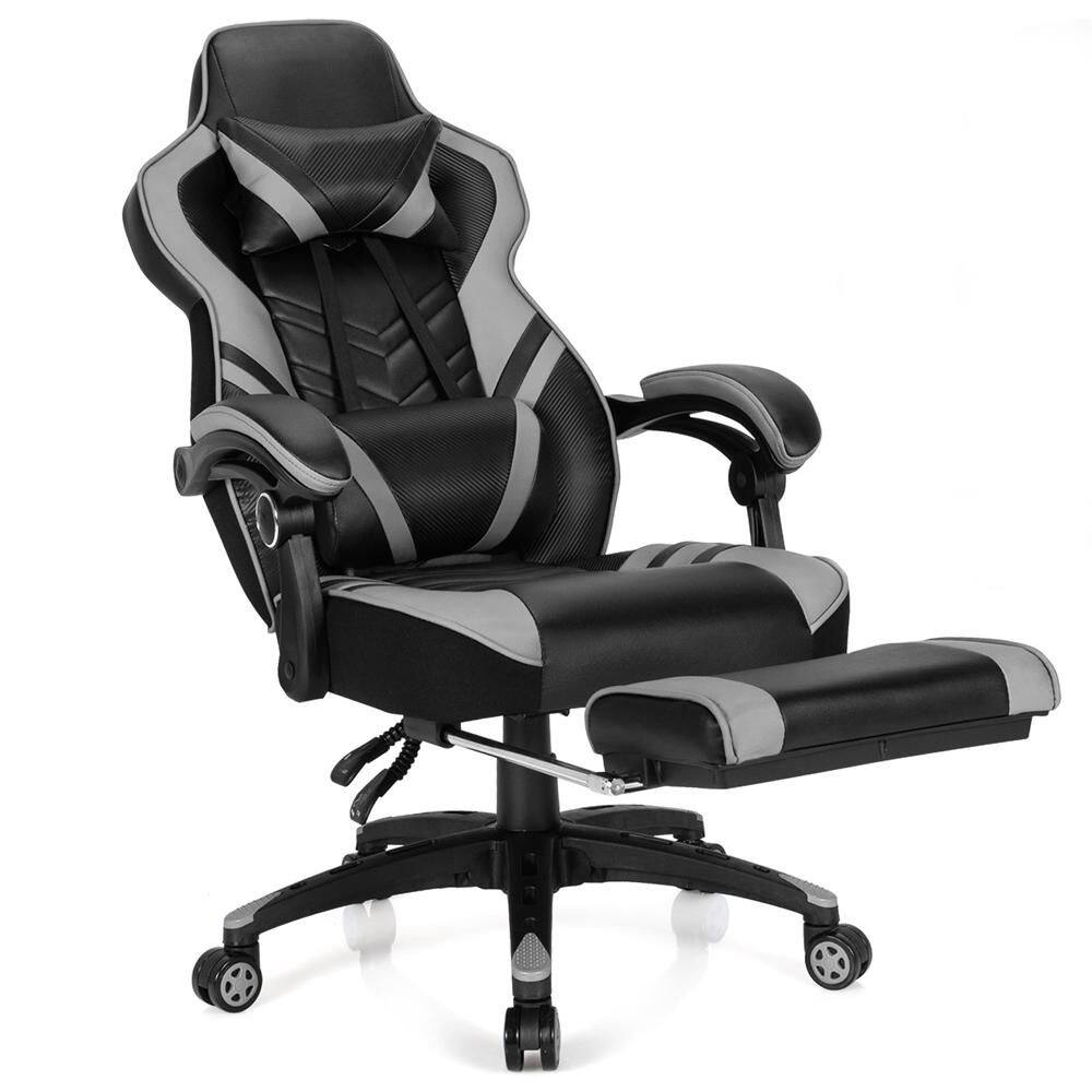 Gray and black faux leather gaming chair with an extended footrest.
