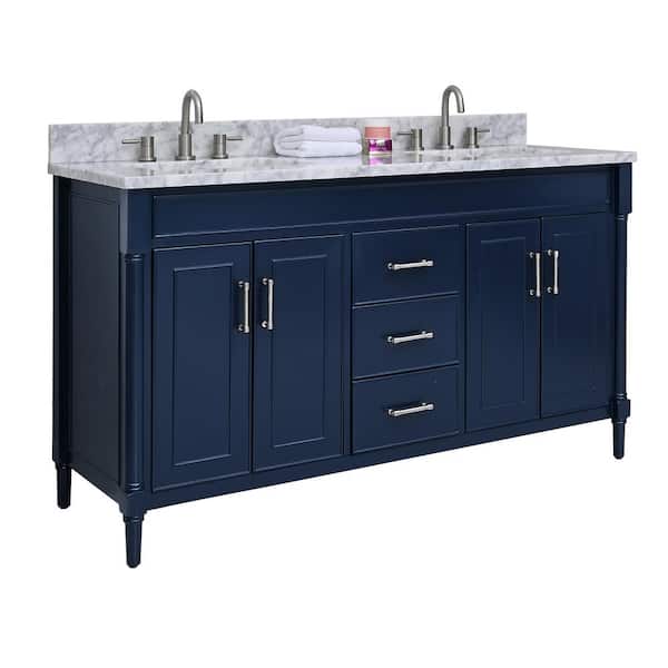 Bristol 61 in. Double Sink Navy Blue Bath Vanity with Carrara White Marble Top