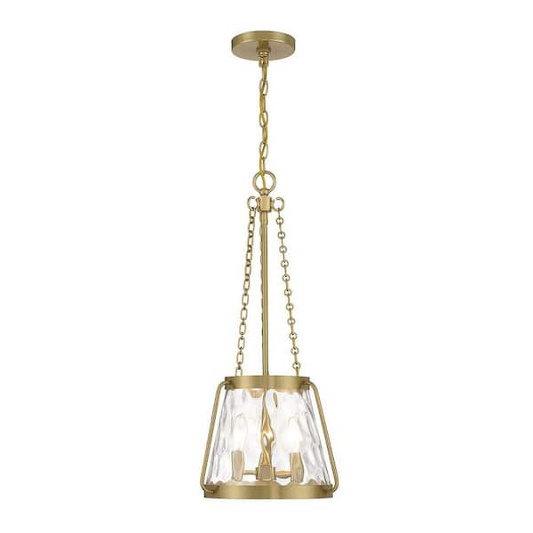 Savoy House Crawford 12 in. W x 25.50 in. H 3-Light Warm Brass Statement Pendant Light with Clear Water Glass Shade