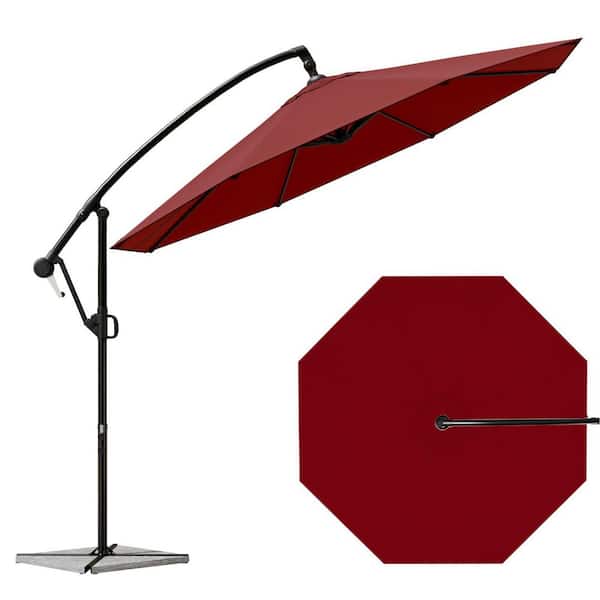 GWRGWR 9.5 ft. Tiltable Rotating Banana Umbrella 360° Rotation Cantilever Patio Umbrella with Footrest, in Red
