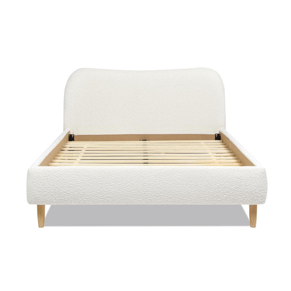 Ivory White Boucle Upholstered Queen Platform Bed with Curved Headboard