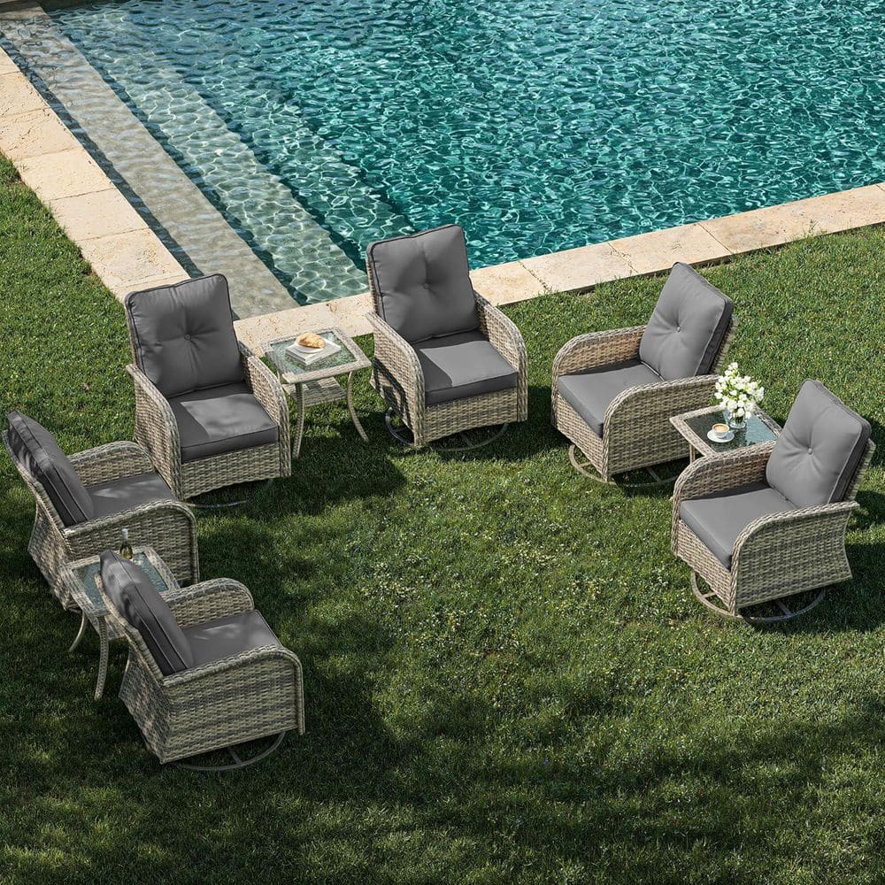 9-Piece Wicker Swivel Outdoor Patio Conversation Set with Light Gray Cushions (6-Rocking Chairs & 3-Side Tables) price history on PriceWatchPro