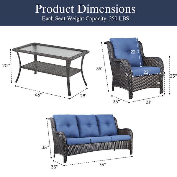 4-Piece Brown Wicker Patio Conversation Set with Olefin Blue Cushions and Lounge Chairs/Sofa