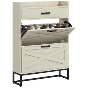 31.5 in. W x 9.4 in. D x 45.3 in. H Distressed White 12 Pairs 2 Flip Drawers Narrow Shoe Storage Cabinet, Adj Shelves