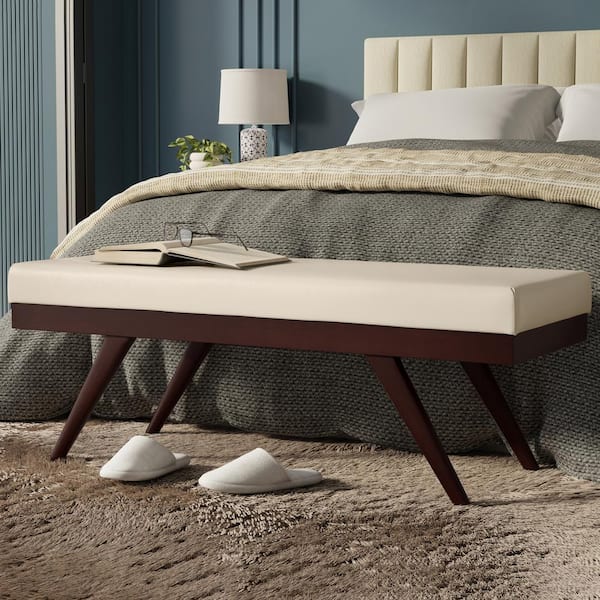Chanelle 48 in. Wide Mid Century Modern Rectangle Ottoman Bench in Satin Cream Vegan Faux Leather, Assembled
