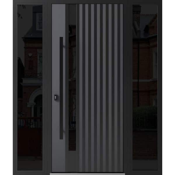 VDOMDOORS 0144 60 in. x 80 in. Right-hand/Inswing 2 Sidelight Tinted Glass Grey Steel Prehung Front Door with Hardware