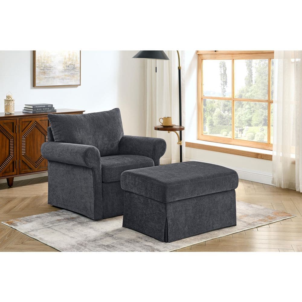 Grey Chenille Upholstered Single Sofa Accent Arm Chair and Movable Ottoman Set price history on PriceWatchPro