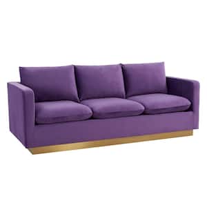 Nervo 83" Mid-Century Modern Upholstered Velvet 3-Seater Sofa With Gold Frame in Purple