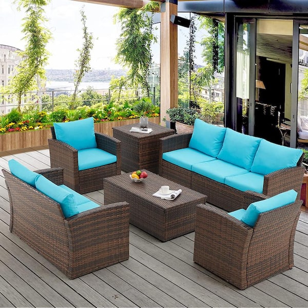 AECOJOY Brown 6-Piece Wicker Patio Conversation Set with 2 Storage Boxes and Blue Cushions