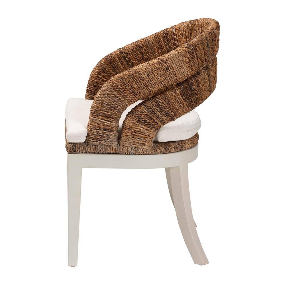 Natural Seagrass and Mahogany Bohemian Arm Chair with White Cushion