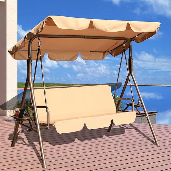 Beige 2-Seat Powder Coated Steel Patio Swing with Removable Cushion WY ...