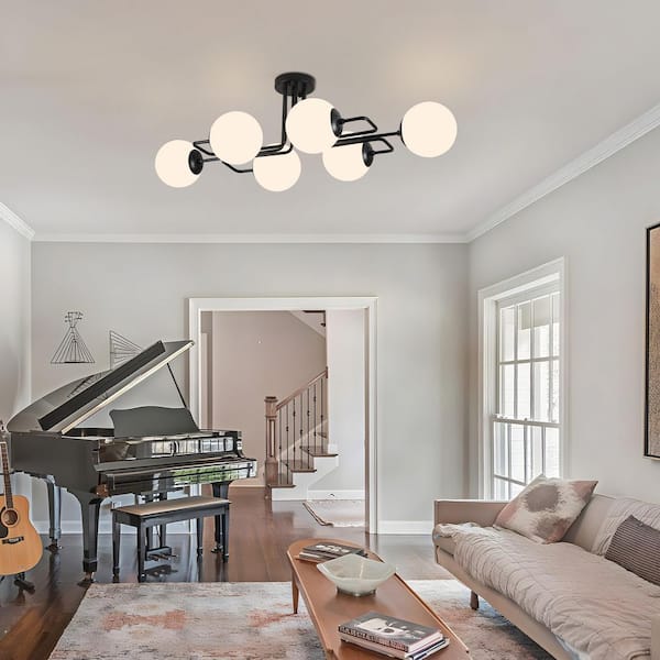 36.6 in. 6-Light Black Sputnik Modern Linear Sputnik Semi-Flush Mount with White Glass Shade