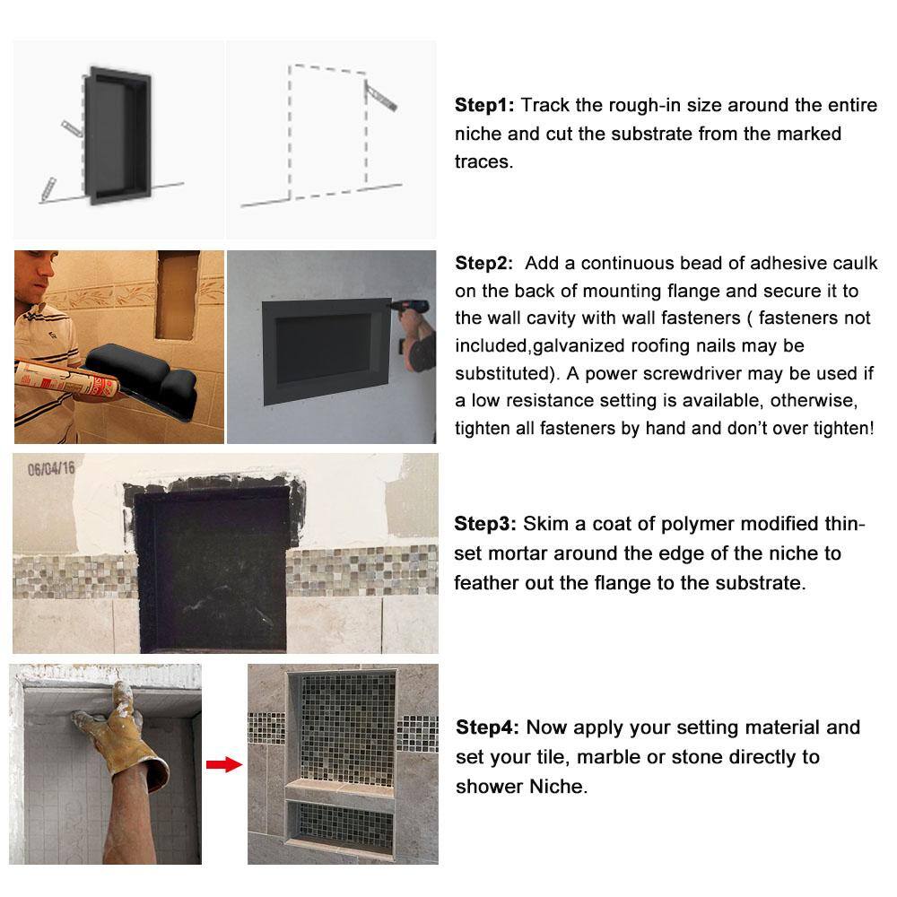 Black Plastic Recessed Shower Niche with Single Shelf