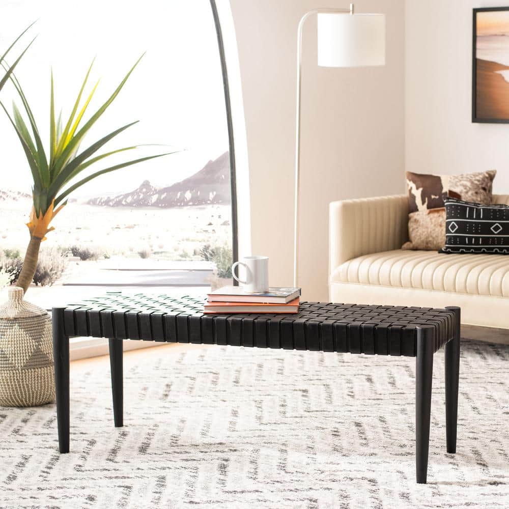 Amalia Mindi Wood and Woven Leather Entryway Bench