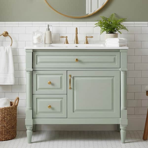 Ximuprmy 36 in. Freestanding Green Solid Rubber Wood Bath Vanity