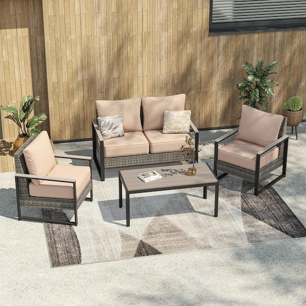 JOYESERY 4 Pieces Patio Conversation Set with Coffee Table and Ottomans Gray Wicker Loveseat Sofa with Sand Cushion