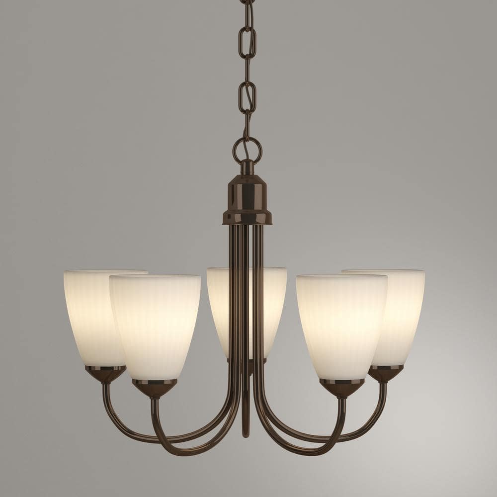 Antique Bronze 5-Light Chandelier with White Etched Glass Shades