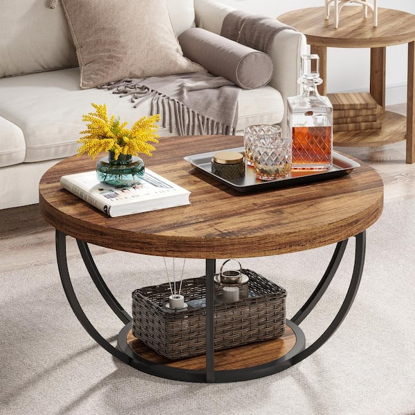 Cans 31.5 in. Rustic Brown Round Wood Coffee Table Accent Center Table with Storage Shelf for Living Room