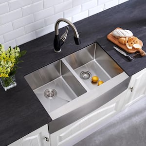 Professional 33 in. Apron-Front 50/50 Double Bowl 16 Gauge Stainless Steel Kitchen Sink with Accessories