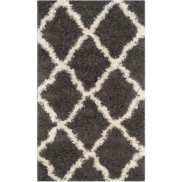 SAFAVIEH Dallas Shag Dark Gray/Ivory Doormat 3 ft. x 5 ft. Geometric Diamond Trellis Area Rug
