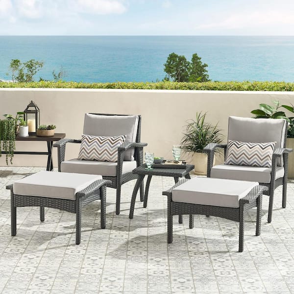 Zeus & Ruta 5-Piece Brown Wicker Patio Conversation Set with Silver Cushions for Backyard, Porch, Balcony, Garden