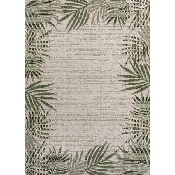Isla Coastal Cottage Palm Frond Border Green/Cream 3 ft. x 5 ft. Indoor/Outdoor Area Rug
