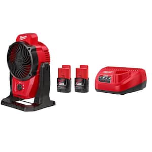 M12 12-Volt Lithium-Ion Cordless Jobsite Fan with M12 Compact 2.0 Ah Battery (2-Pack) Starter Kit and Charger