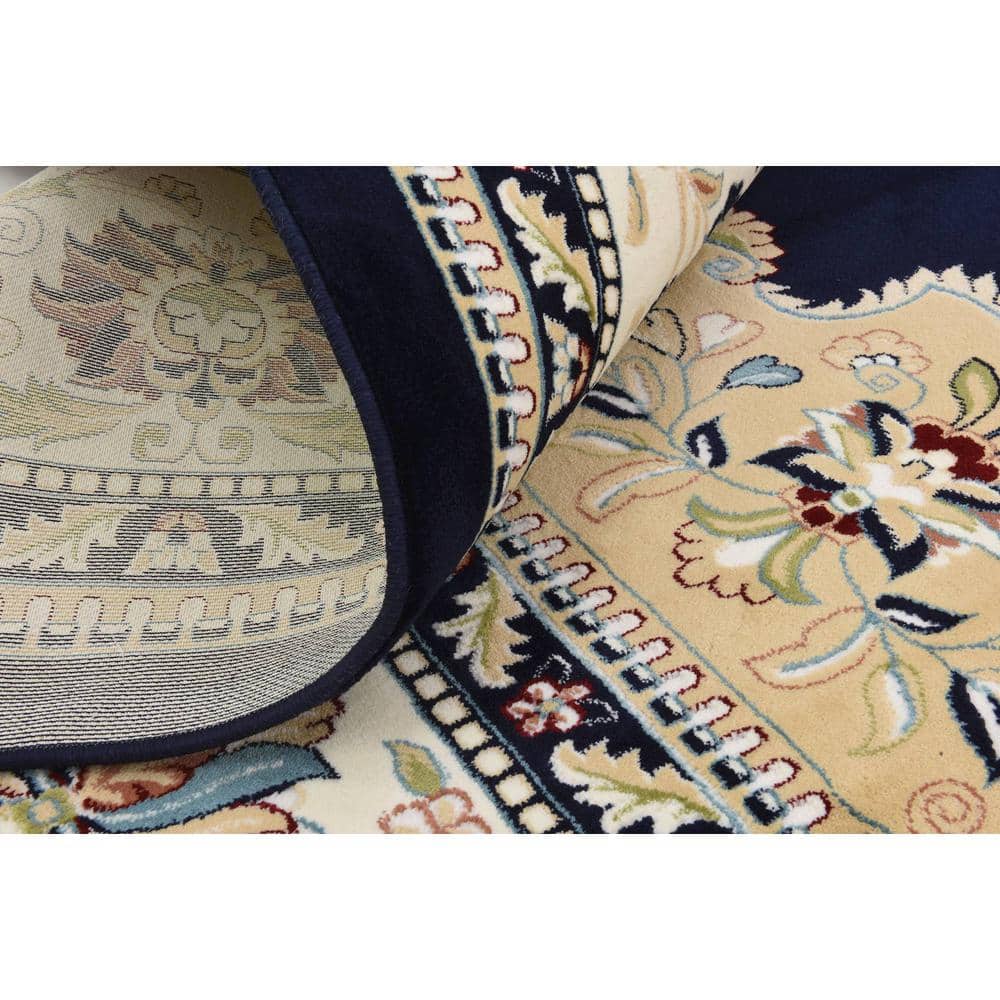 Elegant Navy Blue Floral 10' x 13' Synthetic Rectangular Rug