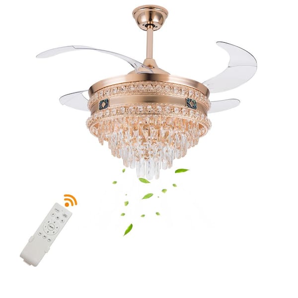 OUKANING 42 in. Indoor Gold Modern Crystal Reversible 6-Speed Ceiling Fan with Adjustable White Integrated LED and Remote