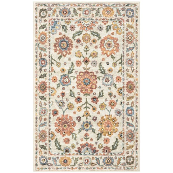 Smart Wash Aura Ivory 5 ft. x 7 ft. Oriental Machine Washable Indoor Area Rug