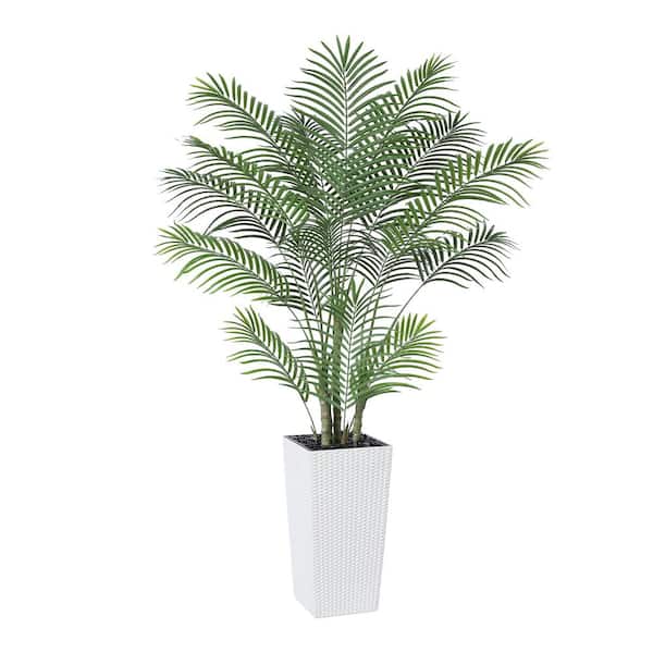 DR.Planzen 6 ft.Artificial Palm Plant UV Resistant with white Tall Planter, Faux Palm Plant for Outdoor Decor
