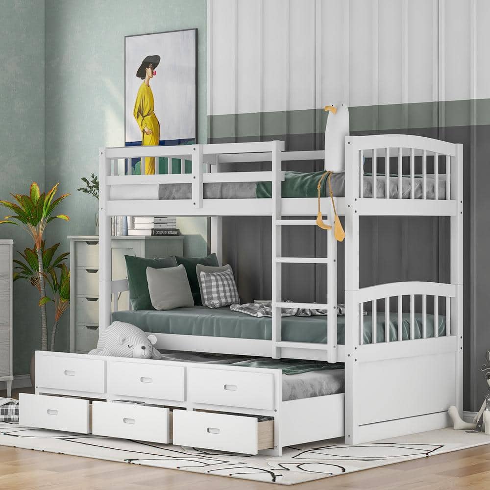 Twin over Twin Wood Bunk Bed with Trundle and Drawers - White