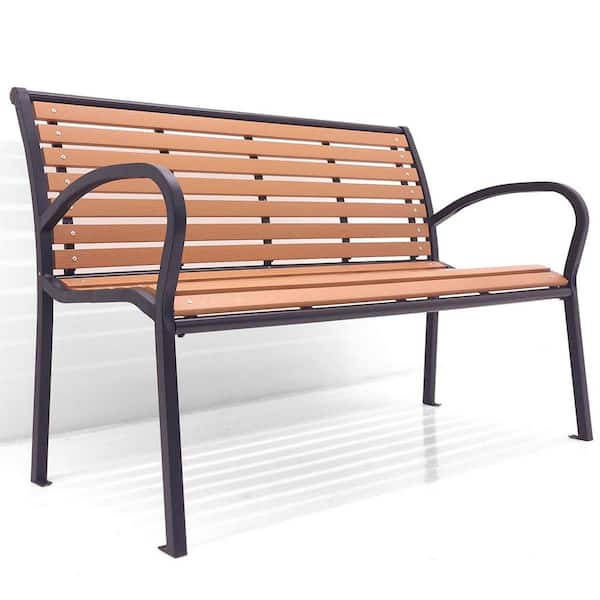 ATENGNES 3-Seater 49.2 in. Outdoor Brown Metal Patio Garden Bench Porch Chair Seat with Curved Backrest Steel Frame