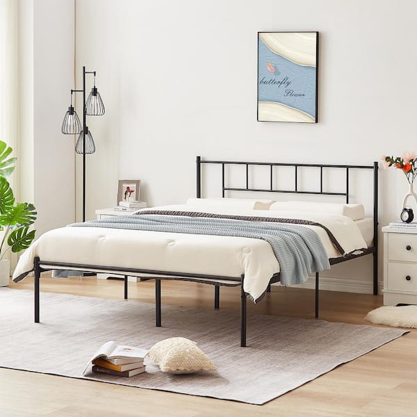 VECELO Black Metal Frame with Headboard and Footboard Queen