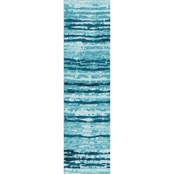 Bravado Blue 2 ft. 3 in. x 7 ft. 6 in. Geometric Indoor/Outdoor Washable Area Rug