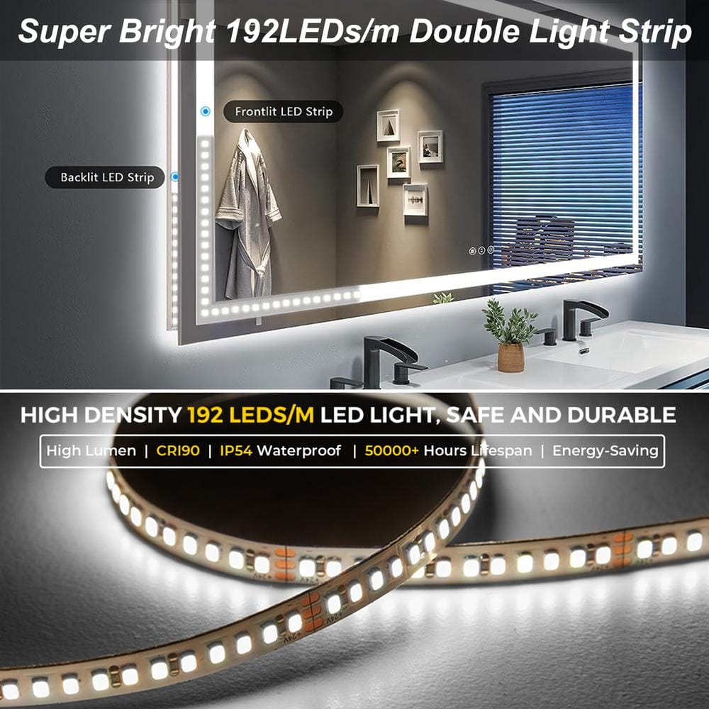 Oversized Frameless Rectangular LED Vanity Mirror with Anti-Fog