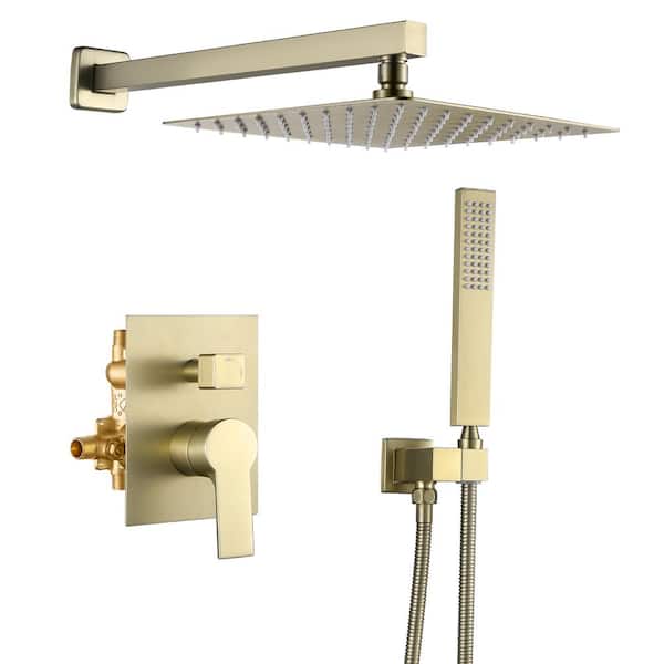 WELLFOR 2-Spray Patterns with 1.8 GPM 10 in. Wall Mount Dual Shower Heads with 360-Degree Rotation in Brushed Gold