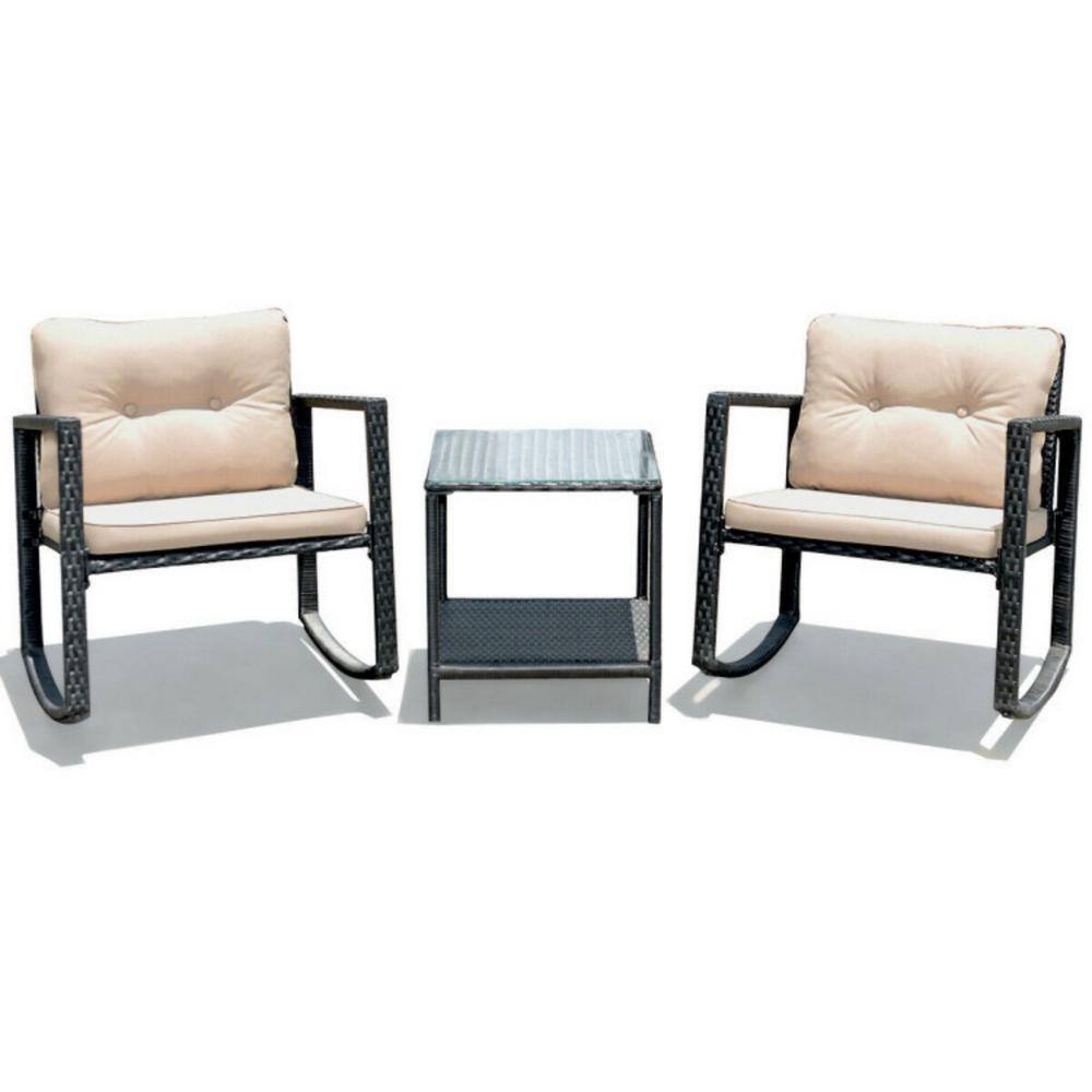 3-Piece Wicker Patio Conversation Set with Beige Cushions, Rocking Chair and Glass Coffee Table price history on PriceWatchPro