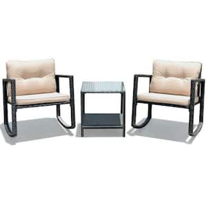 3-Piece Wicker Patio Conversation Set with Beige Cushions, Rocking Chair and Glass Coffee Table