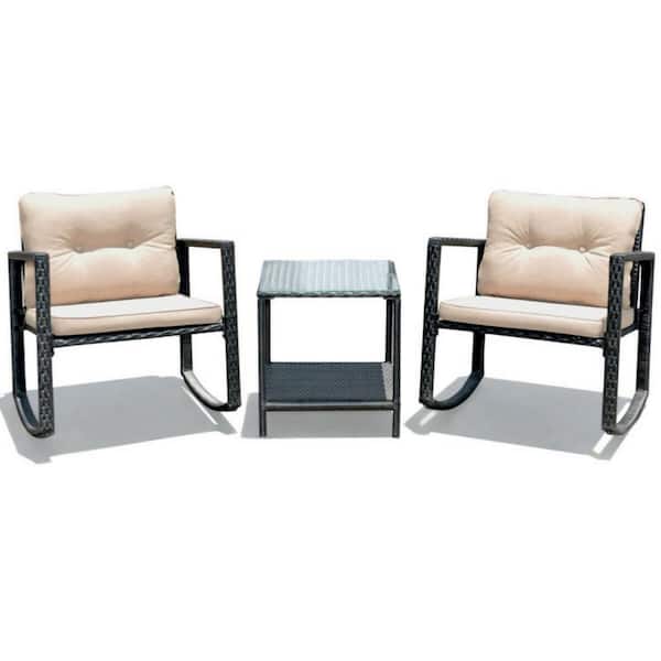 Clihome 3-Piece Wicker Patio Conversation Set with Beige Cushions, Rocking Chair and Glass Coffee Table