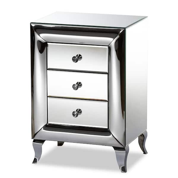 Baxton Studio Pauline 3 Drawer Mirrored Nightstand 26 in. H x 18