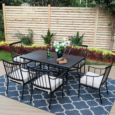 Black 7-Piece Metal Patio Outdoor Dining Set with Rectangle Table and Stylish Arm Chairs with Beige Cushion