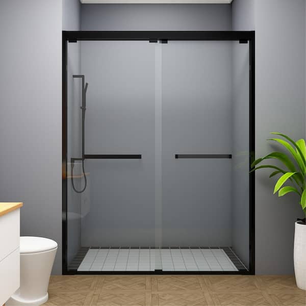 56 to 60 in. W x 76 in. H Sliding Semi Frameless Shower Door in Black Finish with Clear Glass