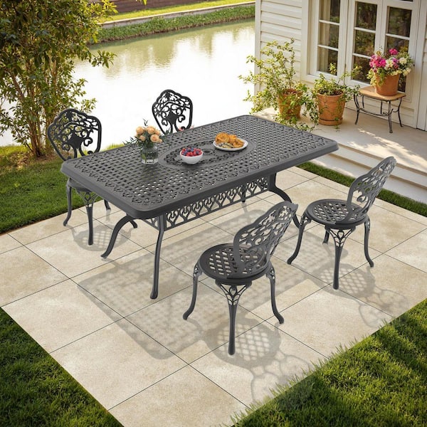 Black 5-Piece of Cast Aluminum Outdoor Patio Dining Set with 68.9 in. x 37.40 in. Rectangular Table and Armless Chairs