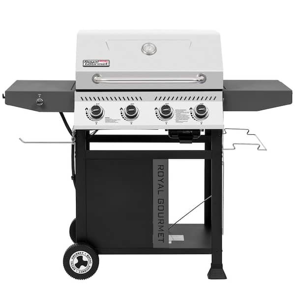 Premium 4-Burner Gas Grill with Side Shelves, 40,000 BTU Propane Grill with Stainless Steel Lid, Silver Black