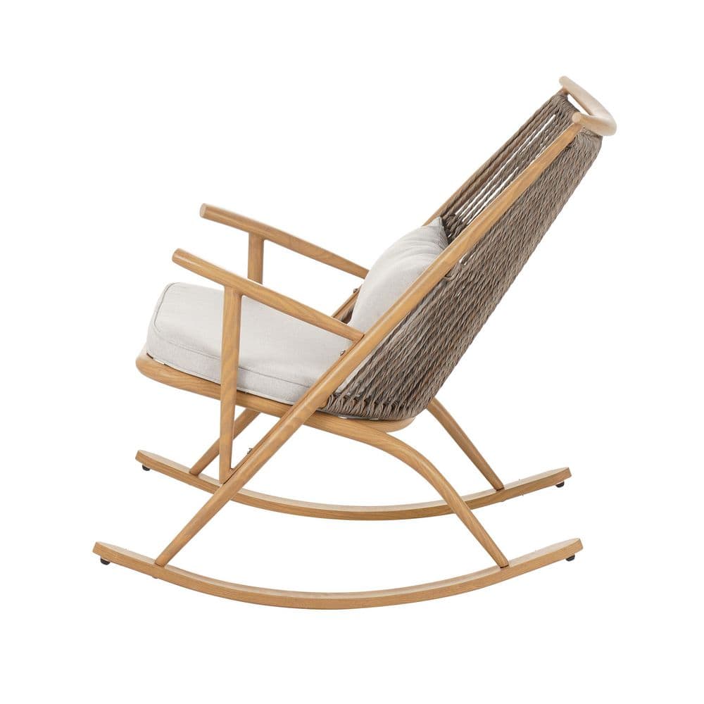 Metal and Wicker Outdoor Rocking Chair with Gray PE Rattan Backrest and Light Gray Cushion for Outdoor Lounge