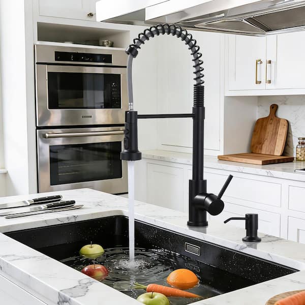 Single Handle Pull Down Sprayer Kitchen Faucet with Soap Dispenser High-Arc Sink Faucet in Matte Black
